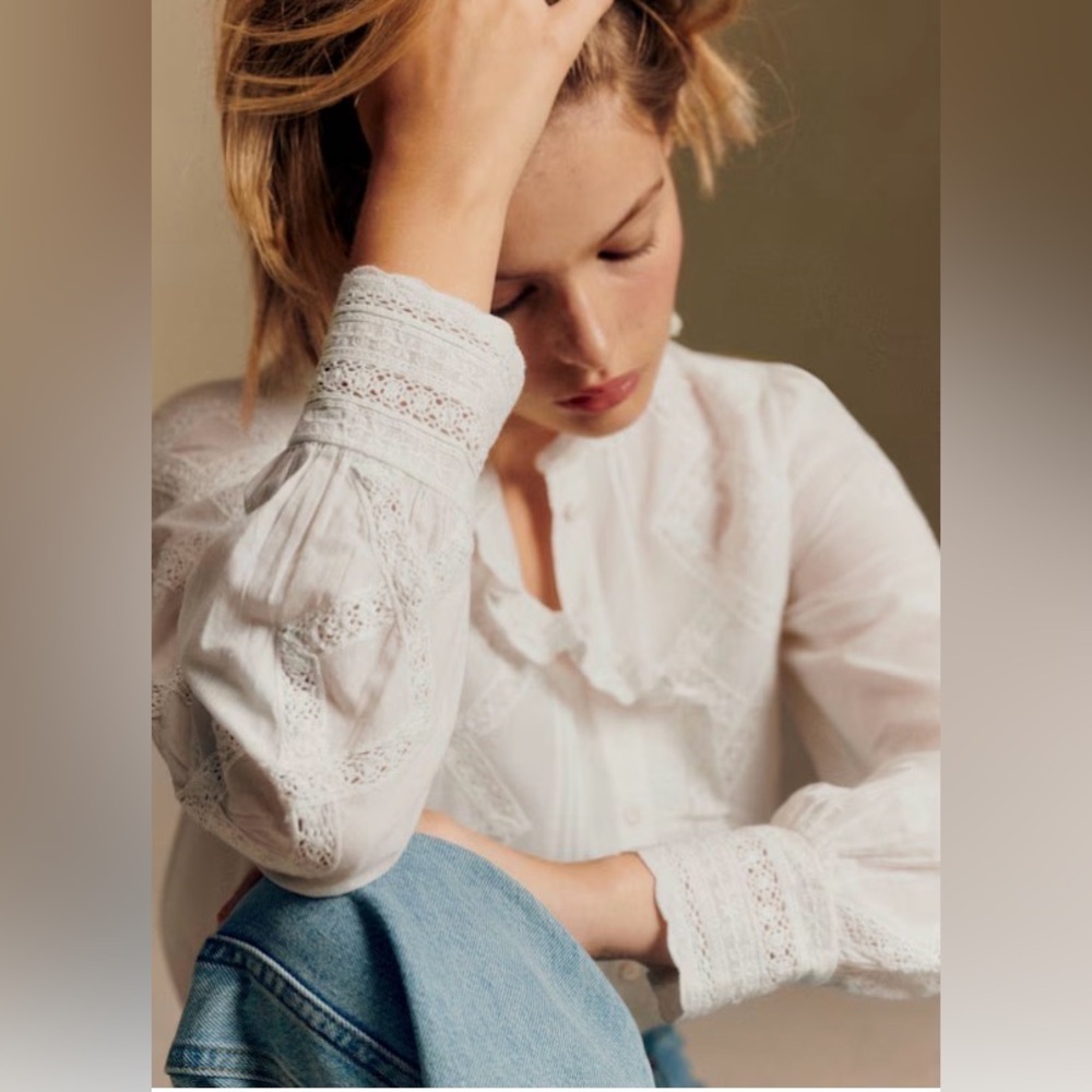 Sézane Chlo White Embroidered Ruffle Collar Button-Up Blouse NWT